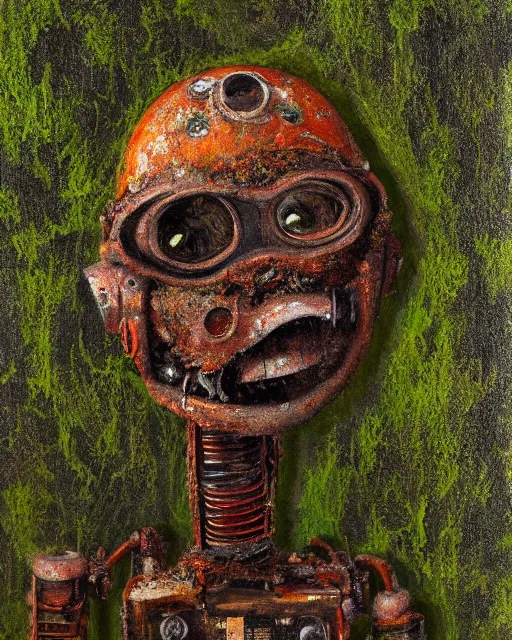 Image similar to detailed oil painting of a decayed, rusty, humanoid robot, covered in moss