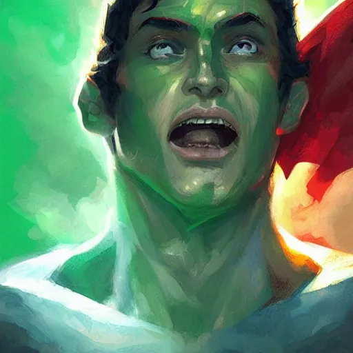 Prompt: superman smoke kryptonite green dust, wlop, superman is high, ahegao face, ahegao satisfaction face, green dust, by greg rutkowski