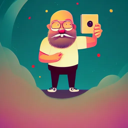 Image similar to curled perspective digital art of a cute smiling beard grandpa cartoon character taking a photo to a baby girl by anton fadeev