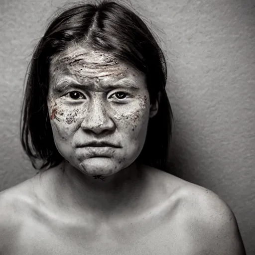 Image similar to portrait mugshot, young lady with leprosy on face, medical, bokeh, 6 0 mm, studio light, face