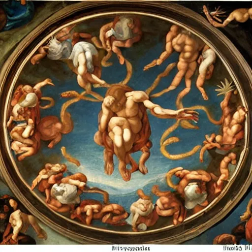 Prompt: realistic biblical painting of the flying spaghetti monster, on the ceiling of the sistine chapel, painted by michaelangelo