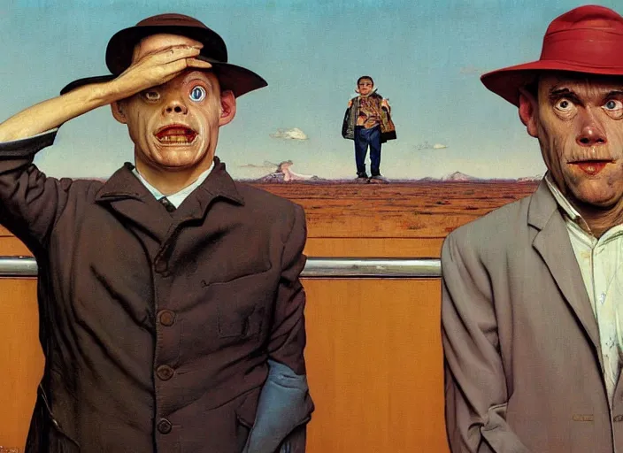 Prompt: a still from the film dumb and dumber by francis bacon, surreal, norman rockwell and james jean, greg hildebrandt, and mark brooks, triadic color scheme, by greg rutkowski, in the style of francis bacon and syd mead and edward hopper and norman rockwell and beksinski, dark surrealism, open ceiling