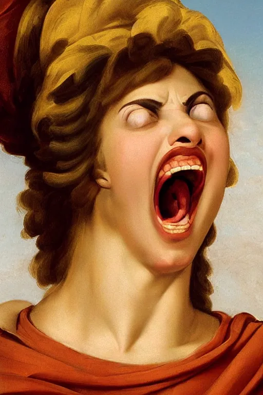 Prompt: beautiful woman, screaming face, closeup, dressed in roman clothes, ultra detailed, art by Guido Reni style