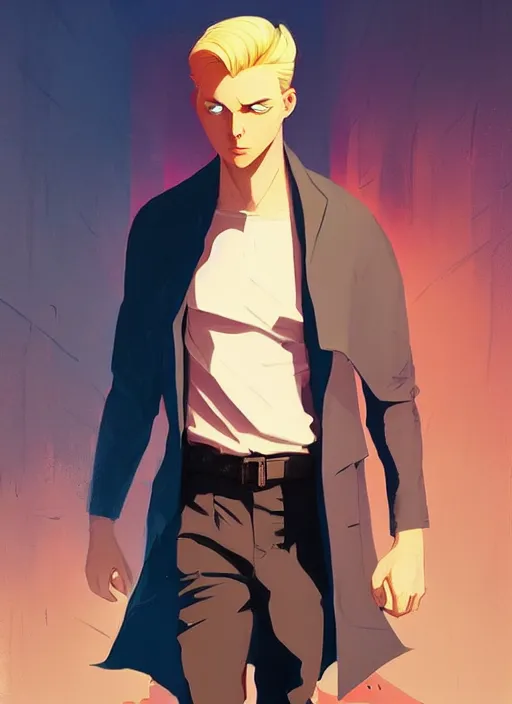 Prompt: young blonde beautiful male boy assassin walking on city street, heroic, glorious, in the style of artgerm, gerald brom, atey ghailan and mike mignola, vibrant colors and hard shadows and strong rim light, plain background, comic cover art, trending on artstation