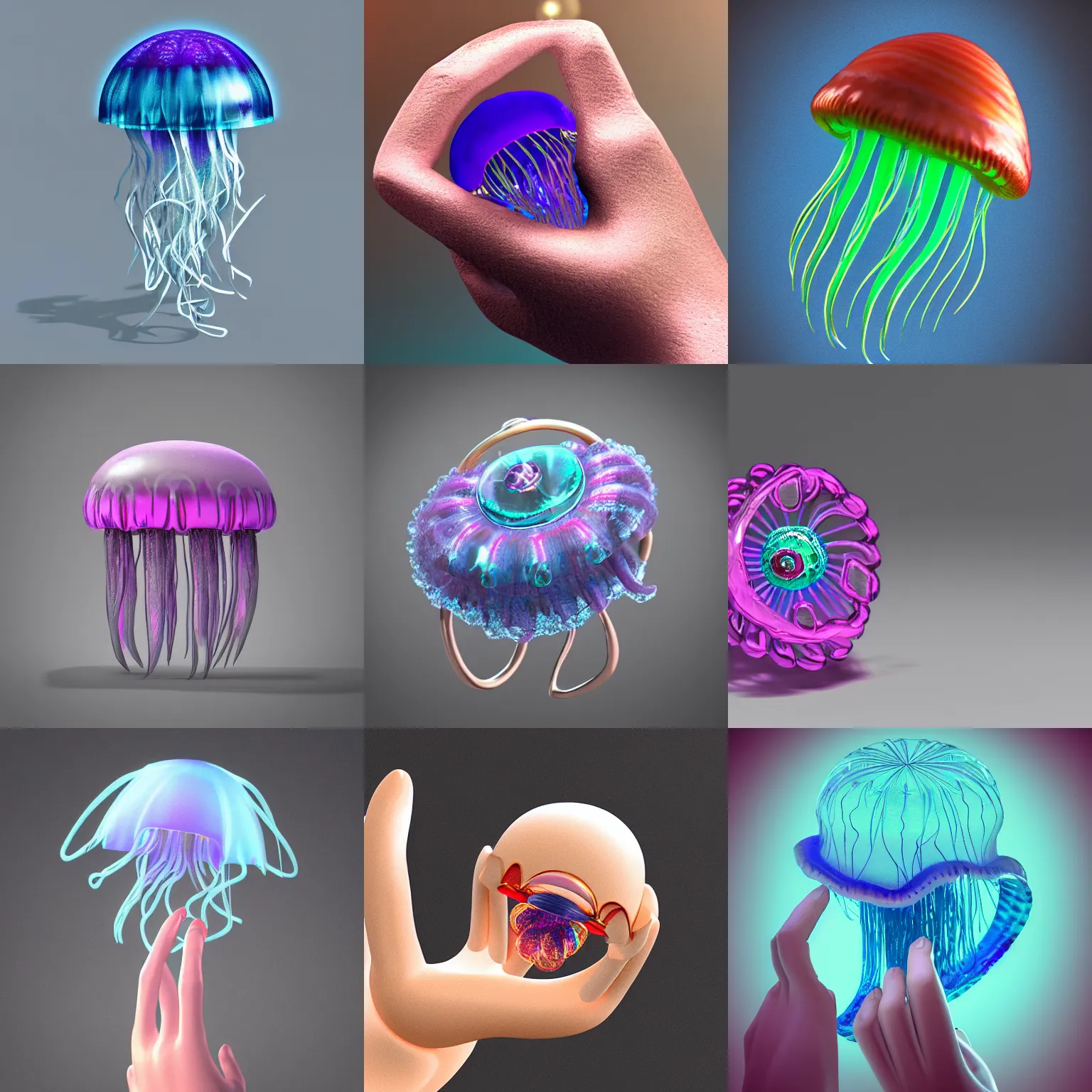 Prompt: a fancy jellyfish ring in finger, show it, real, fashionable, funny, y 2 k style, c 4 d, octane render, by andy warhol