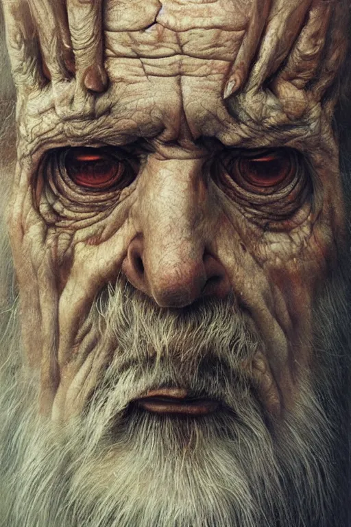 Prompt: askii art, hyperrealism oil painting, close - up portrait of a scary old man with a thousand eyes and mandibles, in style of baroque zdzislaw beksinski