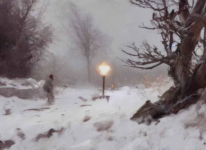 Prompt: oil painting, snow blizzard, high detailed art by dennis miller bunker, work by anders zorn, wonderful masterpiece by greg rutkowski, beautiful cinematic light, american romanticism by greg manchess, creation by tyler edlin