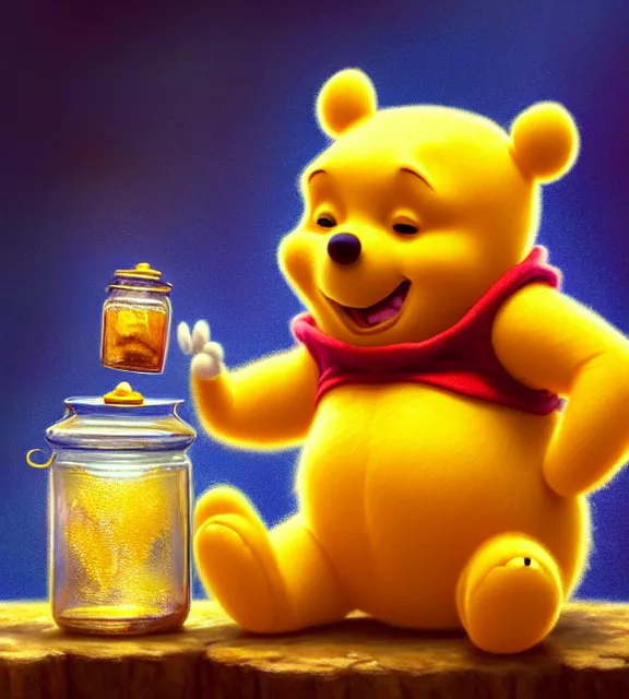 Prompt: cute anthropomorphic winnie the pooh with honey jar, smiling, perfect face, yellow fur, cinematic, elegant, highly detailed, psychedelic, digital painting, artstation, smooth, hard focus, illustration, art by jessica rossier and and brian froud