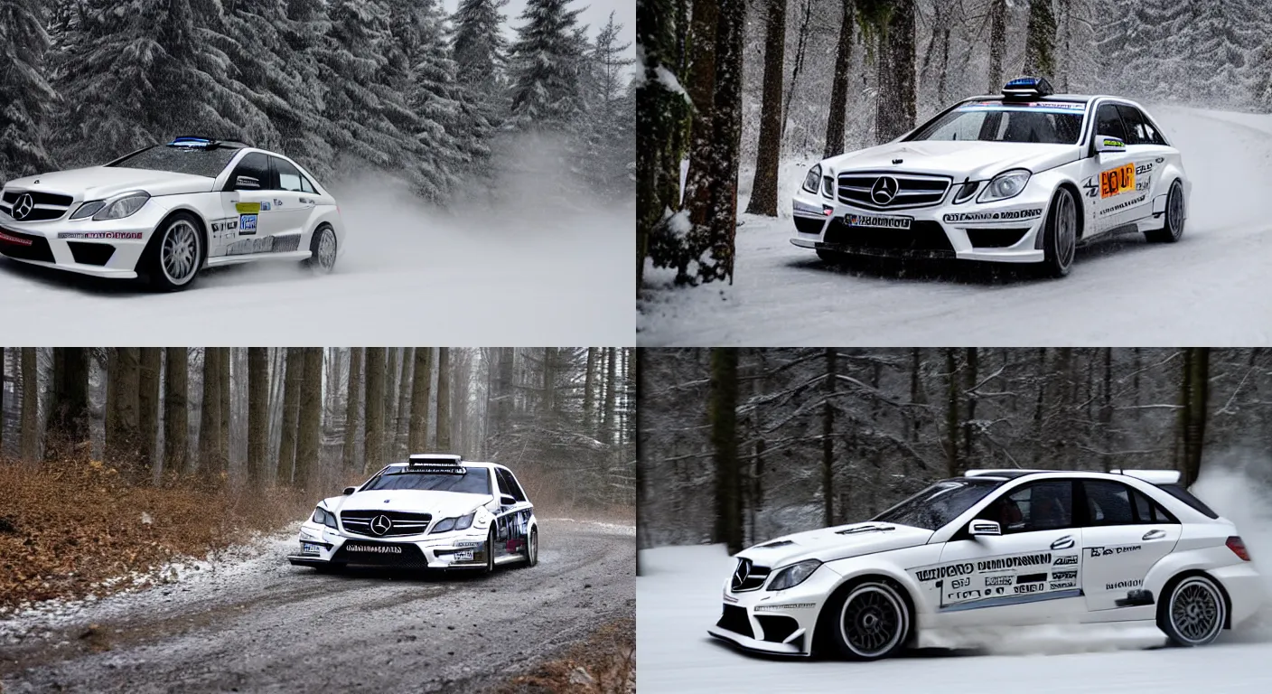 Prompt: a 2 0 1 0 mercedes - benz e 6 3 amg, racing through a rally stage in a snowy forest