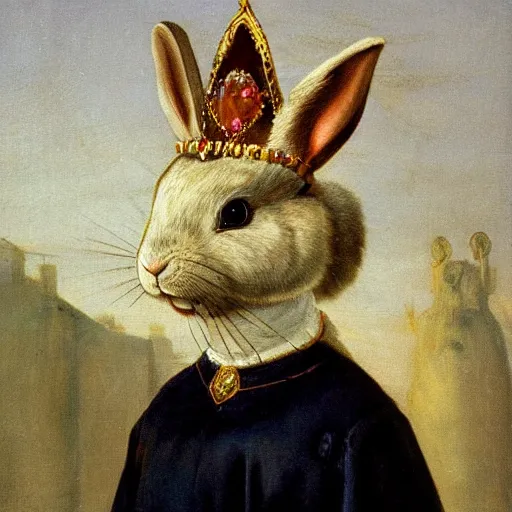 Image similar to a rabbit wearing a crown dressed as a queen, 19th century oil painting