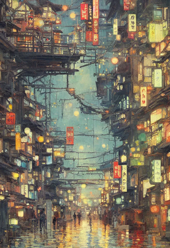 Image similar to a beautiful japanese city near the sea, ryokans and edo era houses, cyberpunk, lofi vibe, colorful, oil painting in impressionist style, by jeremy lipkin, john berkey, claude monet, dino valls, by makoto shinkai, multiple brush strokes, inspired by ghibli, masterpiece