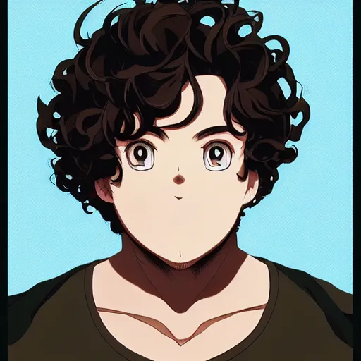 Prompt: An anime portrait of a mid-sized anime man with extremely short curly brown hair, chubby face, with a mouth that has masculine lips, brown eyes, without glasses, wearing a t-shirt, his whole head fits in the frame, solid background, by Stanley Artgerm Lau, WLOP, Rossdraws, James Jean, Andrei Riabovitchev, Marc Simonetti, and Sakimi chan, trending on artstation