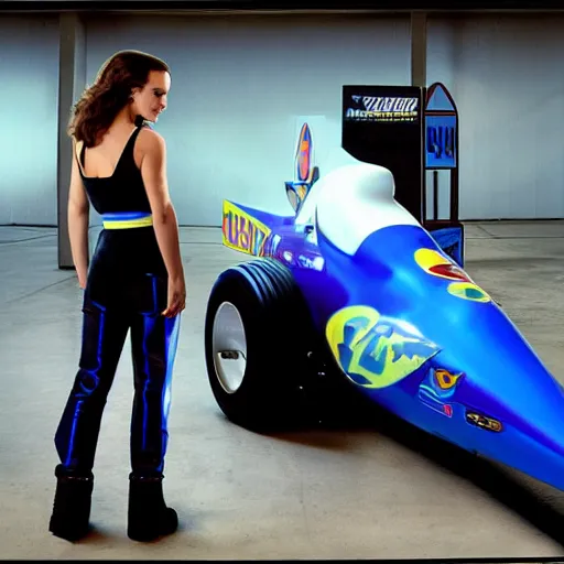 Prompt: photo of Natalie Portman inside video game F-Zero standing next to the Blue Falcon racing machine, fine art photography