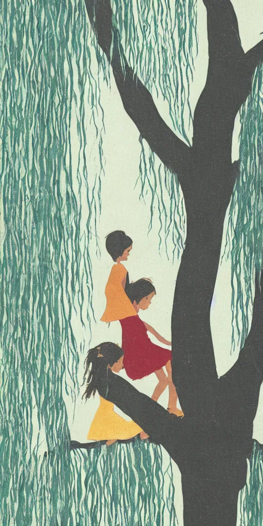 Prompt: sillouette of a little girl and little boy sitting on the branch of a weeping willow tree, book cover