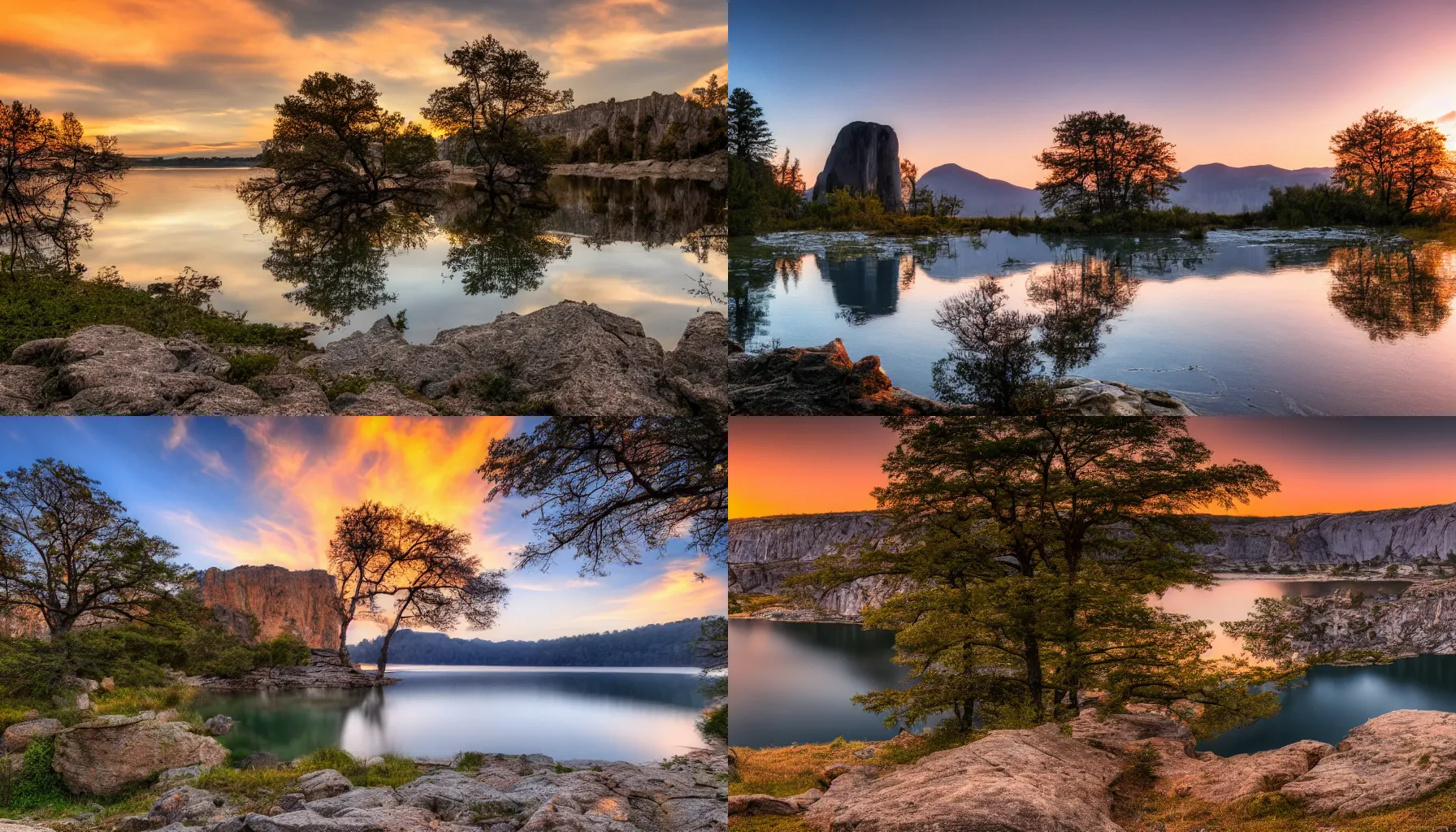 Prompt: Beautiful landscape photograph of large rock formation, lake in foreground, dusty rock, trees, sunset, 4k, wallpaper