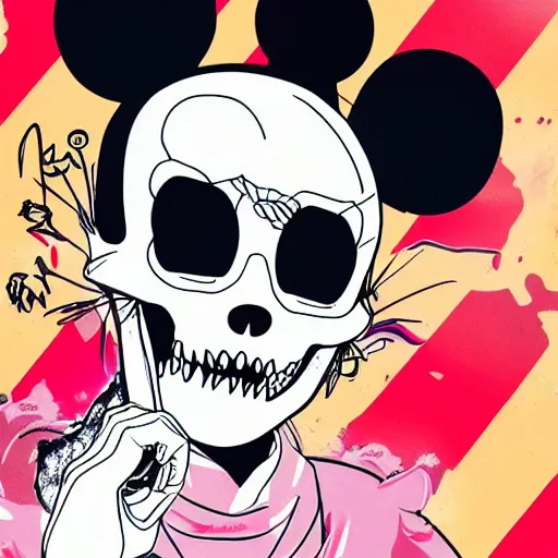 Prompt: anime manga skull portrait girl face mickey mouse simpsons detailed highres 4k warhol and James Jean pop art nouveau