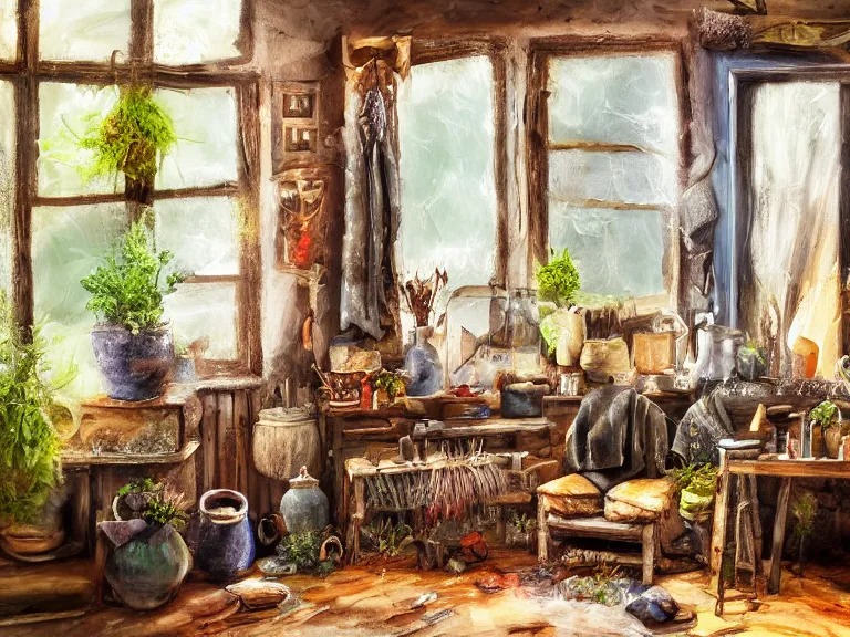 Prompt: expressive rustic oil painting, interior view of a cluttered herbalist cottage, waxy candles, wood furnishings, herbs hanging, light bloom, dust, ambient occlusion, morning, rays of light coming through windows, dim lighting, brush strokes oil painting