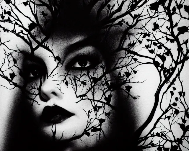 Prompt: a black and white photo of a woman's face, an airbrush painting by Itō Ogura Yonesuke, deviantart, gothic art, multiple exposure, biomorphic, charcoal drawing