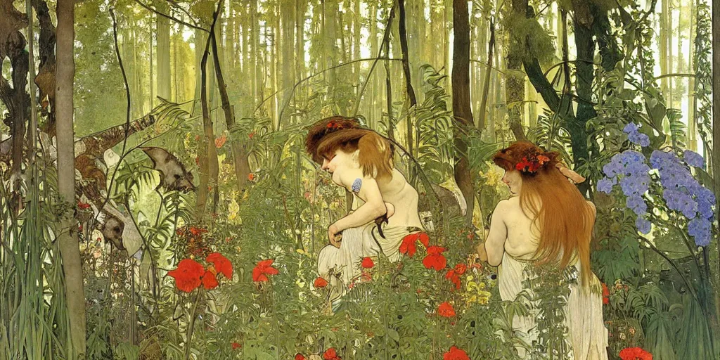 Image similar to a beautiful painting of wild animals in the woods with vines and ferns and flowers, painted by carl larsson and alphonse mucha