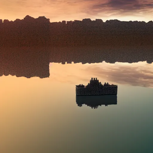 Image similar to an incredible floating castle and a floating boat, at sunset, very details, 8 k, by neil blevins