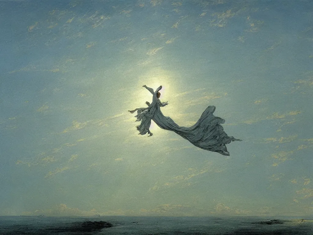 Image similar to thrones angel in the sky flying on the sea painted by caspar david friedrich