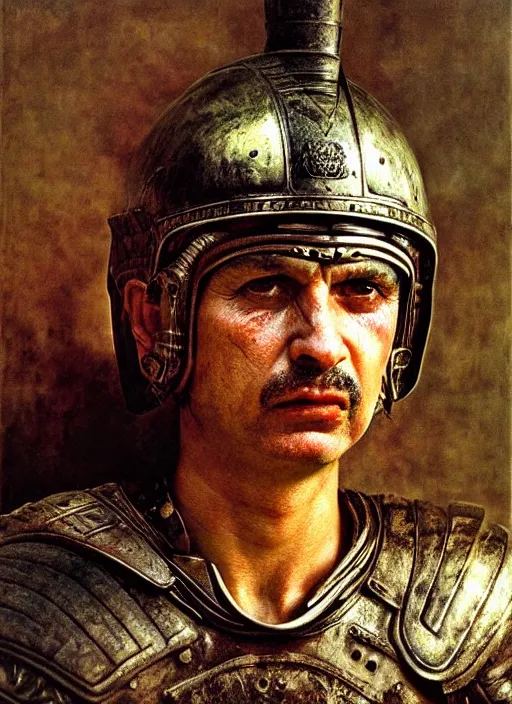 Prompt: close - up portrait athenian warrior with helmet and armor, art by jan saudek