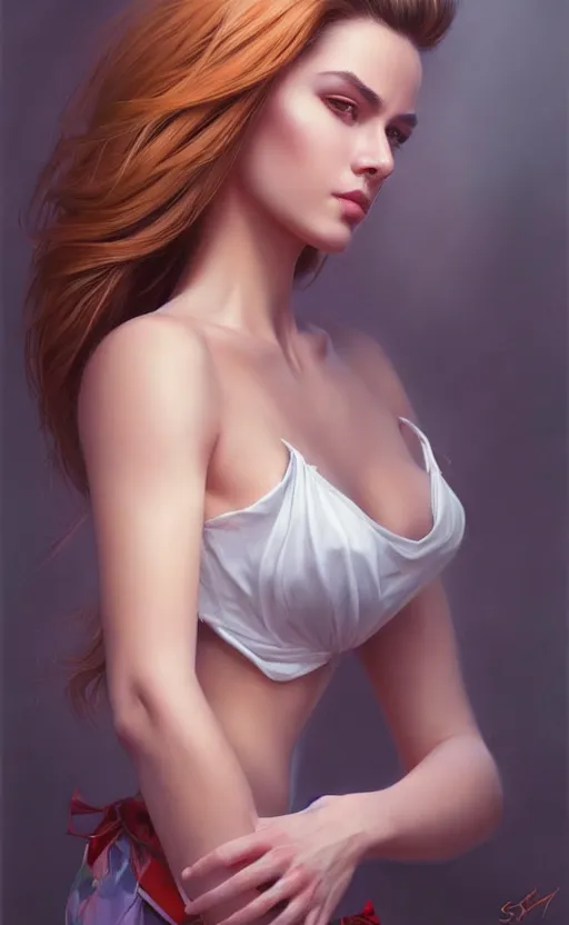 Image similar to full length photo of a gorgeous young woman in the style of stefan kostic, realistic, sharp focus, 8k high definition, insanely detailed, intricate, elegant, art by stanley lau and artgerm