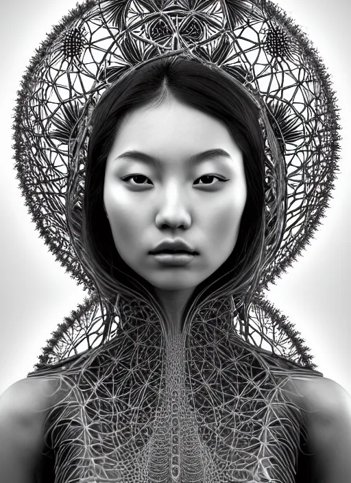 Prompt: ridiculously beautiful young asian woman thinking by irakli nadar, several layers of intricate sacred geometry, orgasm, cosmic, natural, awakening, symmetrical, in the style of ernst haeckel and alex grey, lattice, warm, photo realistic, epic and cinematic