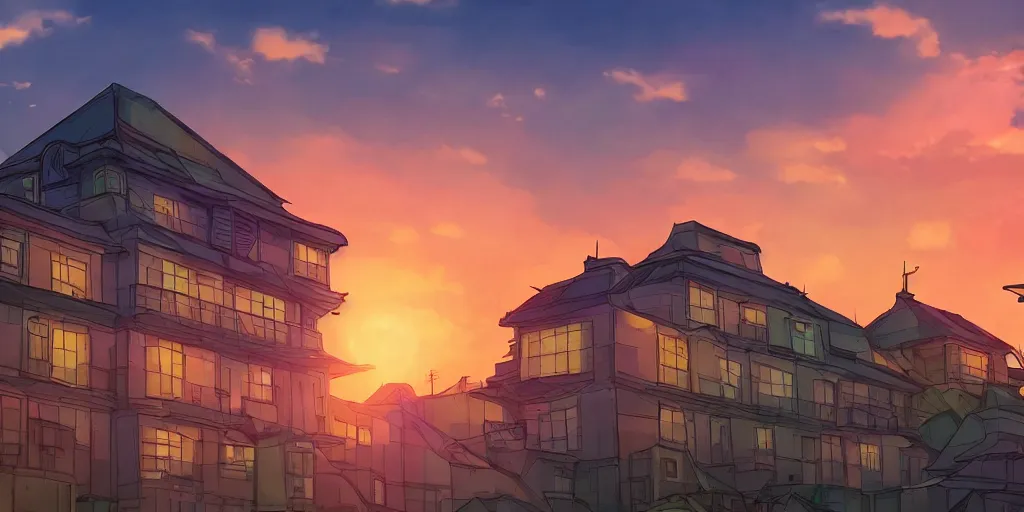 Prompt: a soviet city panel building house with sunset sky, ultra high quality, 4 k, by miyazaki and makoto shinkai, anime screenshot, colorful, artstation, pixiv,