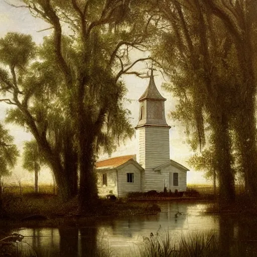 Prompt: 1 9 e century southern gothic scene, old white wooden church in bayou swamps, in louisiana, old painting style lagerstedt, mikko