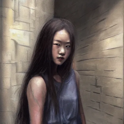 Image similar to a perfect, realistic professional oil painting in mannerism style, of a Japanese schoolgirl posing in a dystopian alleyway, close-up, by a professional American senior artist on ArtStation, a high-quality hollywood-style concept