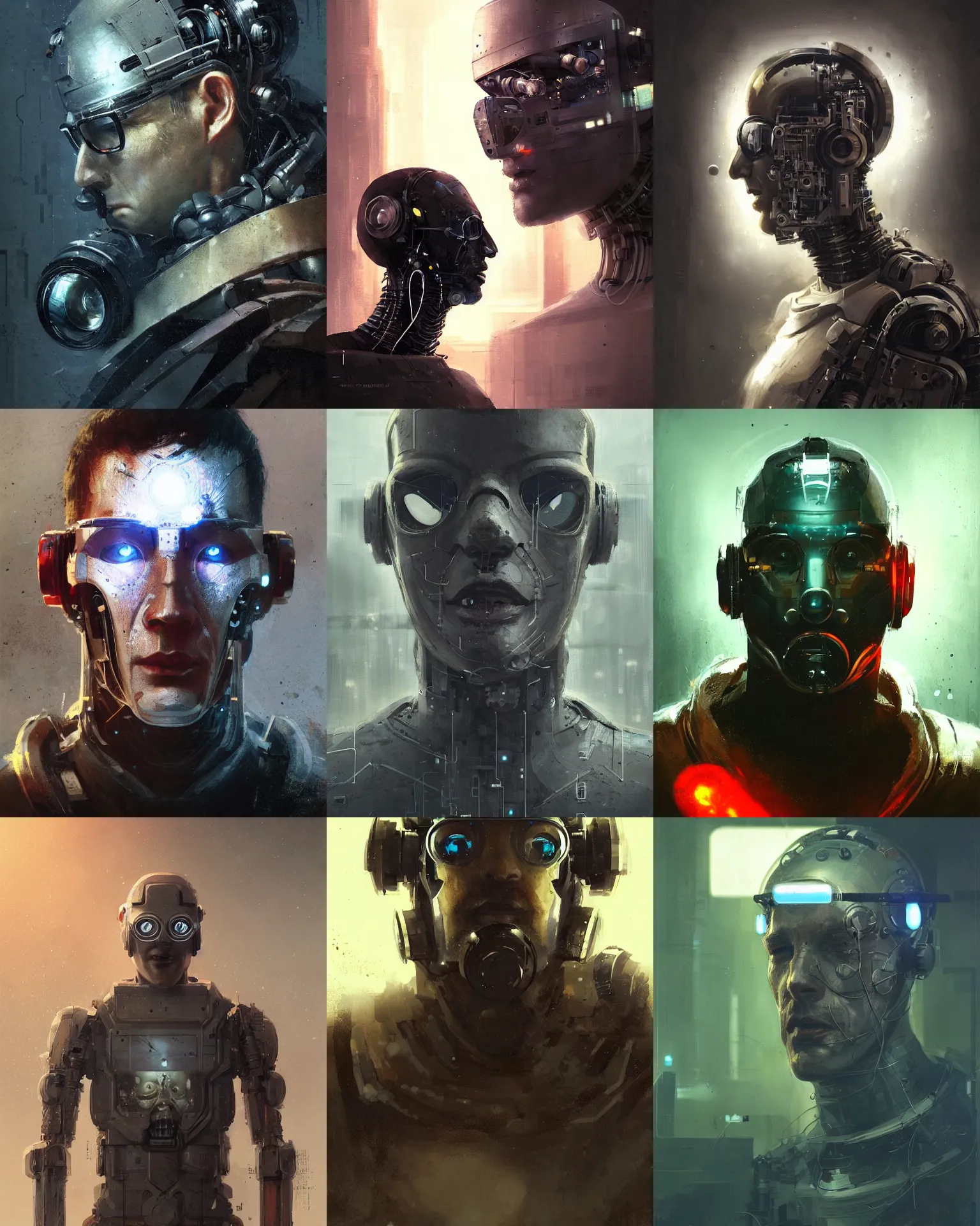 Prompt: a half masked laboratory engineer man with cybernetic enhancements seen from a distance, scifi character portrait by greg rutkowski, craig mullins, 1 / 4 headshot, cinematic lighting, dystopian scifi outfit, profile picture, mechanical, cyborg, half robot