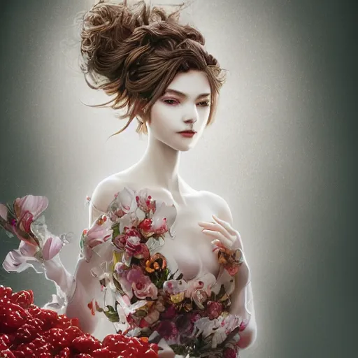 Image similar to the portrait of an absurdly beautiful, graceful, elegant, sophisticated, fashionable young woman made of strawberries and white petals with tears, an ultrafine hyperdetailed illustration by kim jung gi, irakli nadar, intricate linework, bright colors, octopath traveler, final fantasy, unreal engine 5 highly rendered, global illumination, radiant light, detailed and intricate environment