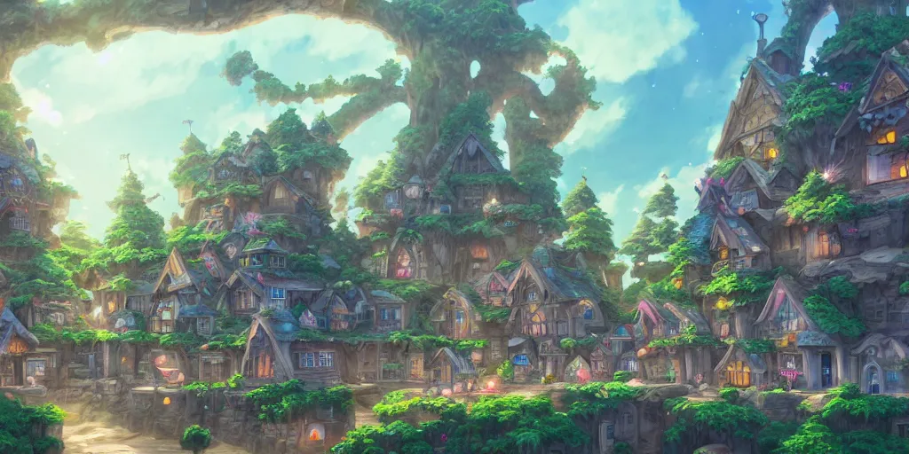 Prompt: a populated gnome town at the base of a large crystal tree, anime art, unreal render, hyper detailed drawing, intricate, anime key visual, manga, digital painting, artstation, hard focus, symmetry, illustration, landscape