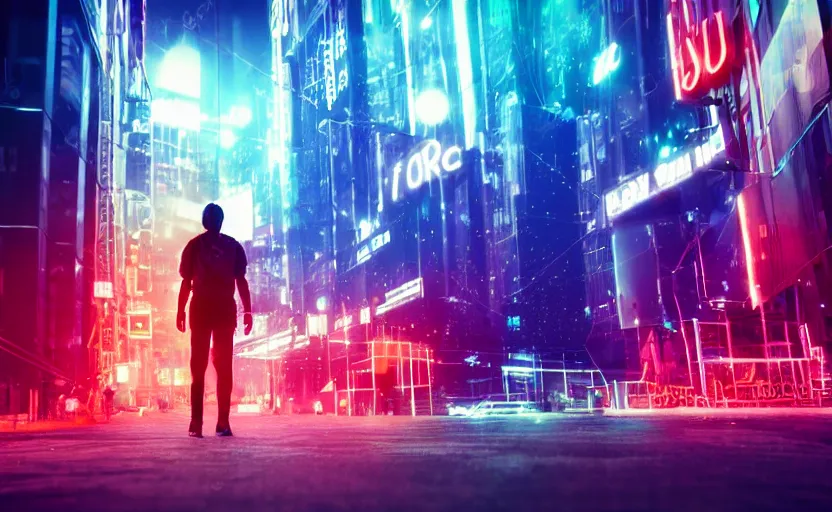 Image similar to macro view of a giant of 1 km of hight walking on the big city, tron, close up bokeh hiperrealistic neon glow darkness dramatic neon, sharp focus, octane render, imax