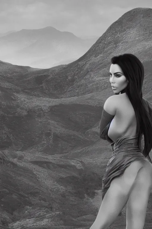 Image similar to johnny cash hugging kim kardashian, centered full body rear-shot, pov from rear, kim wearing skintight grey sportswear, real photo, photoshooting, studio light, Irish mountains background, intricate, epic lighting, cinematic composition, hyper realistic, 8k resolution, unreal engine 5