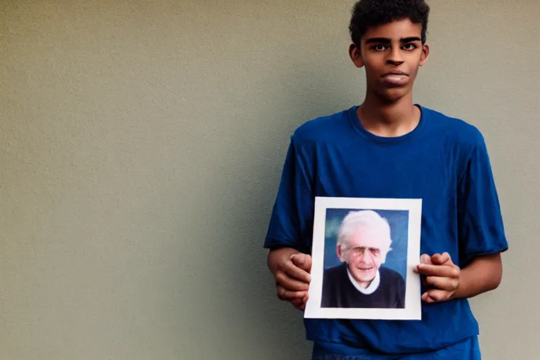 Image similar to young man holding a photograph of him as a old man