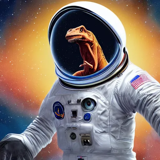 Image similar to a hyper realistic digital painting of a dinosaur in an astronaut suit in space