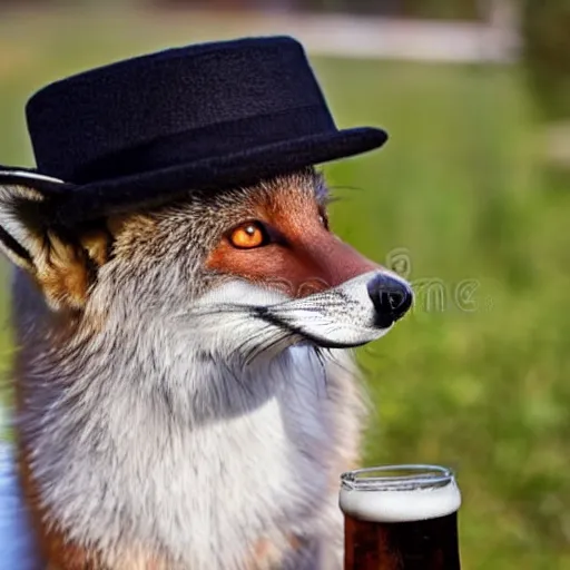 Image similar to a polygamous fox with a hat drinking beer and smoking e - cigarette, stock photo