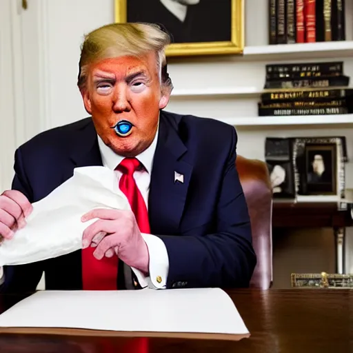 Image similar to candid portrait photo of president trump at his desk eating crumpled up papers shoving them in his mouth, detailed portrait, 4 k, megapixel, sony a 7 s, f / 8, 2 4 mm lens