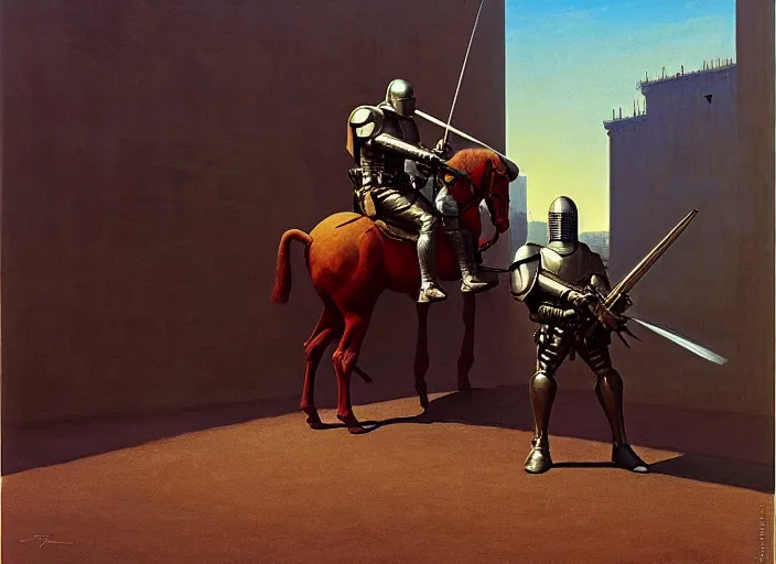 Prompt: special forces man vs the knight in armor, rome, highly detailed, soft lighting, elegant, works by edward hopper and james gillard, zdislaw beksinski, stephen outram, andreas m wiese, highly detailed