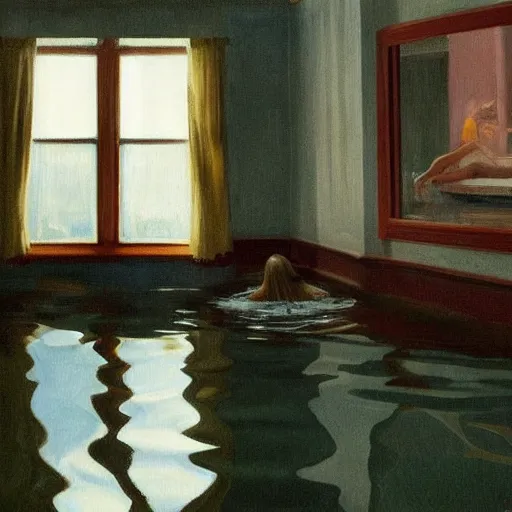 Image similar to painting of Elle Fanning in a flooded house, by Edward Hopper