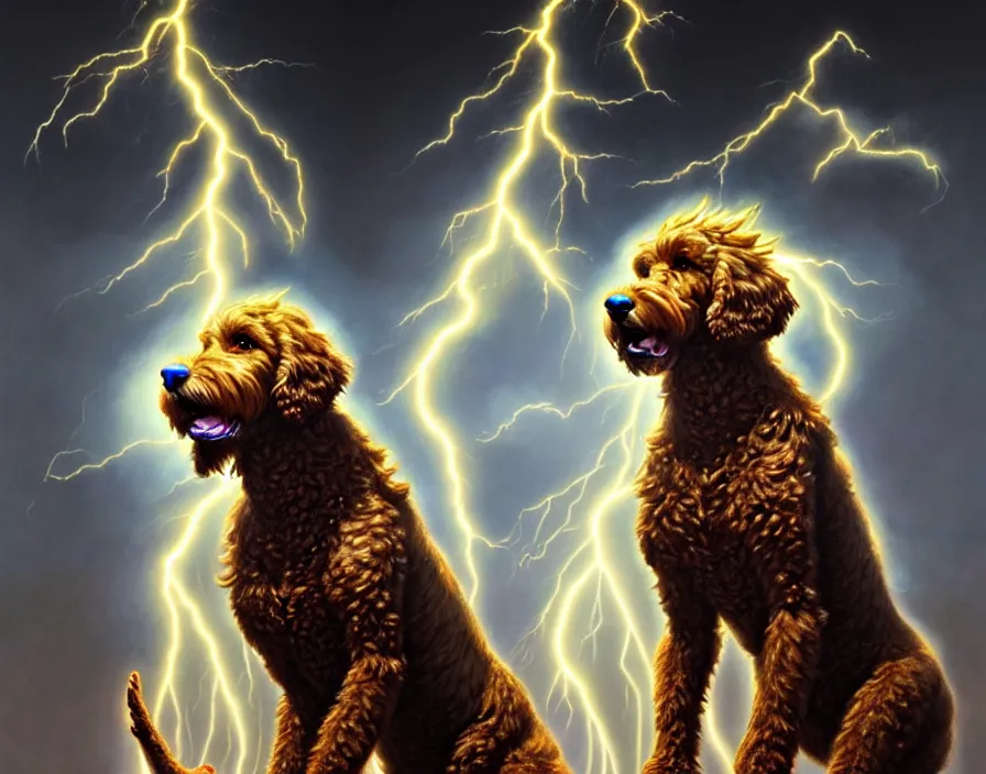 Image similar to an epic painting of a male anthropomorphic brown goldendoodle fursona as zeus, shooting lightning bolts from his paws, by alex grey and greg rutkowski, intricate details, artstation, furry, cinematic, hd, beautiful