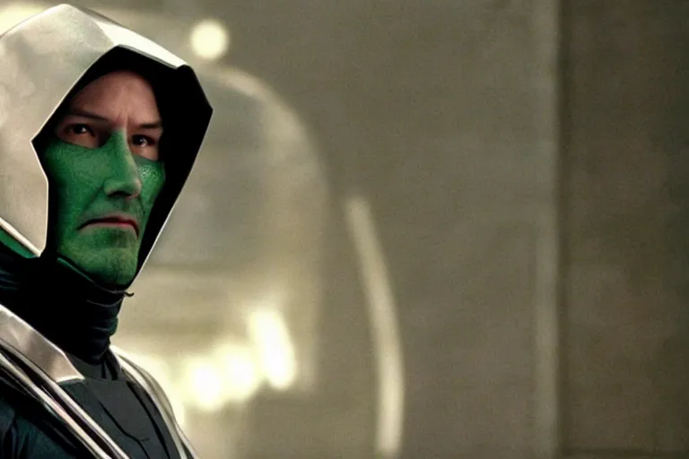 Prompt: Keanu Reeves as Dr. Doom. Cinematic still from 'Fantastic Four' (2005)