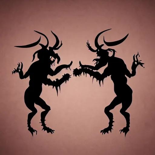 Prompt: two demons shaking hands and looking at the camera, dark, nightmare fuel, scary, horror,