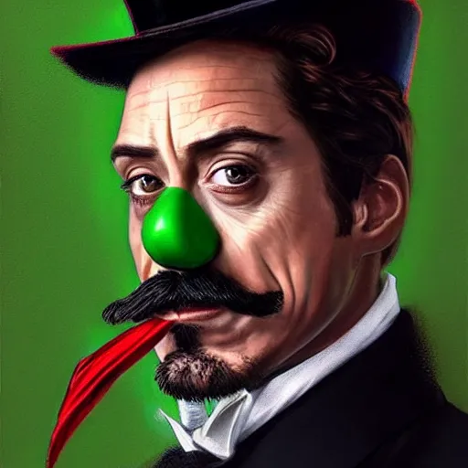 Image similar to hyper realistic portrait painting, beautifully rendered, robert downey jr. as dapper fancy luigi, moustache, wearing a green top hat, green suit and bowtie, smirking deviously, painted by greg rutkowski, wlop, artgerm, dishonored 2