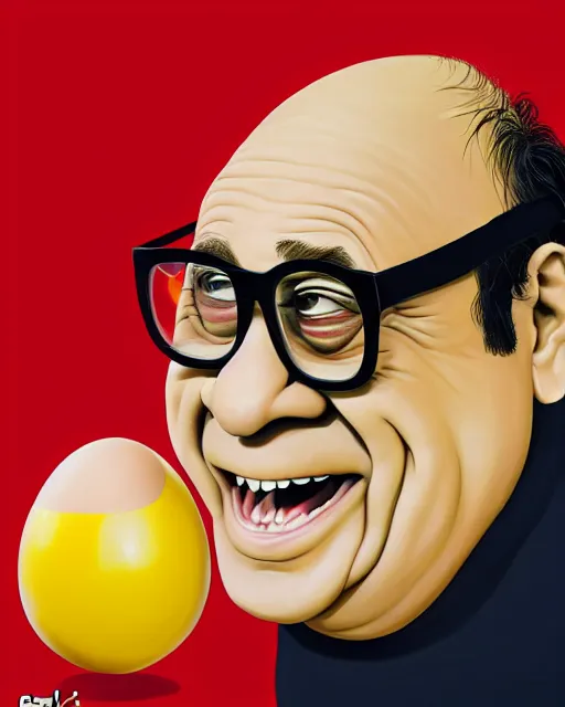 Image similar to painting portrait of danny devito as an egg, cartoon, warm lighting, danny devito has an egg body, movie poster, illustration by bartek fedyczak, erak note, tooth wu, neil richards, kan liu, siwoo kim, jisu choe, trending on art station