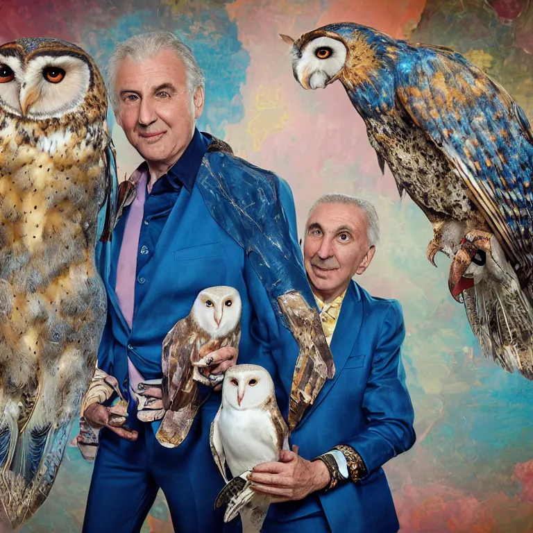 Image similar to high fashion photoshoot octane render portrait by wayne barlow and carlo crivelli and glenn fabry, a distinguished old italian synth musician wearing a colorful wes anderson designed uniform and holding a barn owl inside a high - end exotic colorful pastel vintage boutique hotel lounge, very short depth of field, bokeh