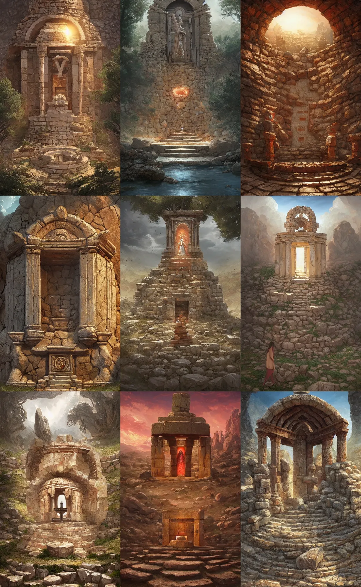 Prompt: mediterranean nuragic shrine, highly detailed, digital painting, artstation, concept art, sharp focus, illustration, art by artgerm and greg rutkowski and raphael lacoste and magali villeneuve