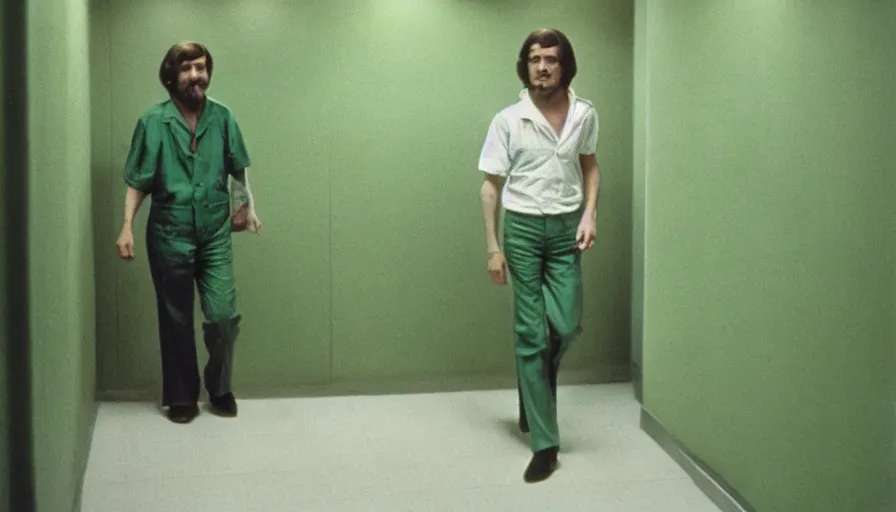 Prompt: 70s movie still of a ill skinny man in a green wall hospital, eastmancolor, heavy grain, high quality, higly detailed, liminal space